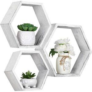 Hexagonal Floating Shelves Wall Mounted Set of 3 Wood Farmhouse Storage